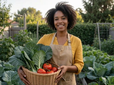 Black woman in her 30s holding a basket of fresh greens in her vegetable garden in morning light