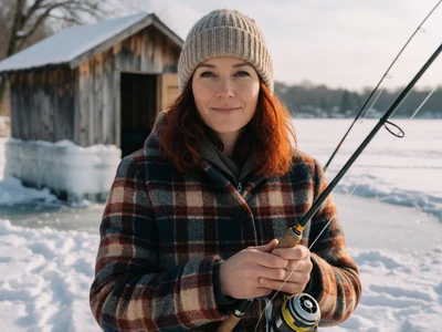 Woman in her 40s ice fishing on a frozen Minnesota lake on a bright winter day