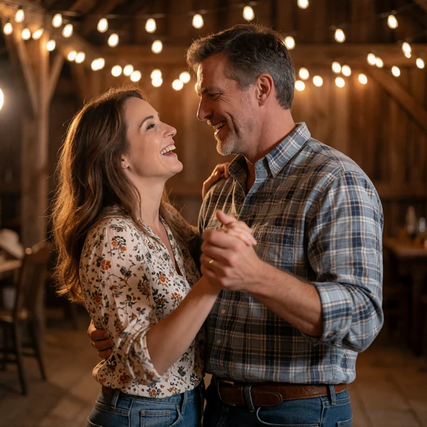 Adult couple in their 40s dancing together at a warmly lit country barn party in Tennessee