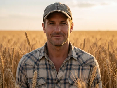 Adult man in his 40s wearing a cap and plaid shirt standing in a golden Kansas wheat field at golden hour