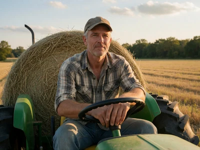 Man in his early 50s driving a green tractor hauling round hay bales across a Wisconsin field at golden hour