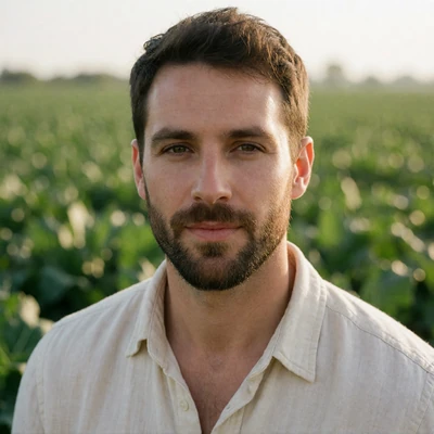 Adult man in his early 30s with a short beard smiling outdoors, product lead at Farmers Dating