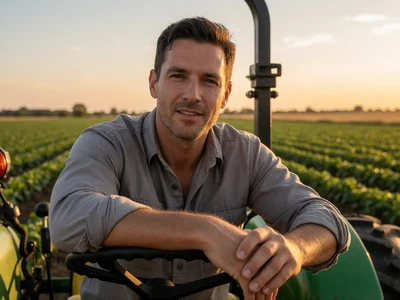 Man in his 40s in a gray work shirt sitting on a green tractor in an Arkansas field at sunset