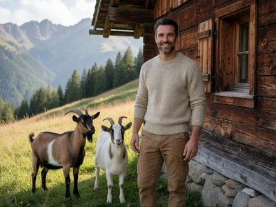 European man in his mid-40s in a wool sweater beside an alpine chalet with goats in a mountain meadow