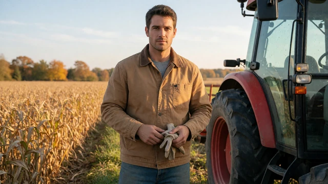 Male farmer beside a tractor during fall harvest, linking to seasonal dating challenges