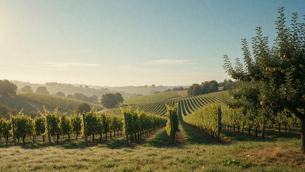 Sunny countryside with rolling hills and a fruit orchard at golden morning light