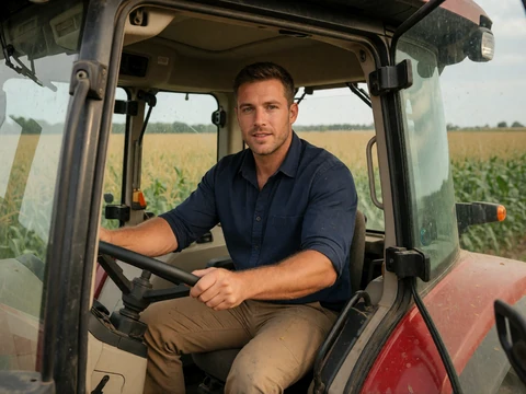 Adult man operating a large modern tractor in a row crop field for agricultural singles