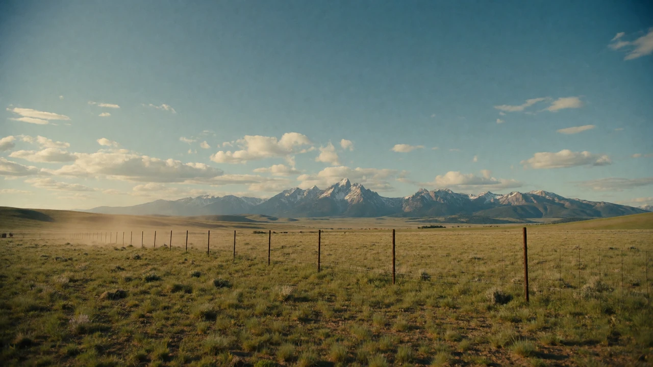 Vast Montana plains beneath a wide blue sky with the snow-capped Rocky Mountains in the distance and a lone ranch fence line, representing Montana farmers dating for ranchers
