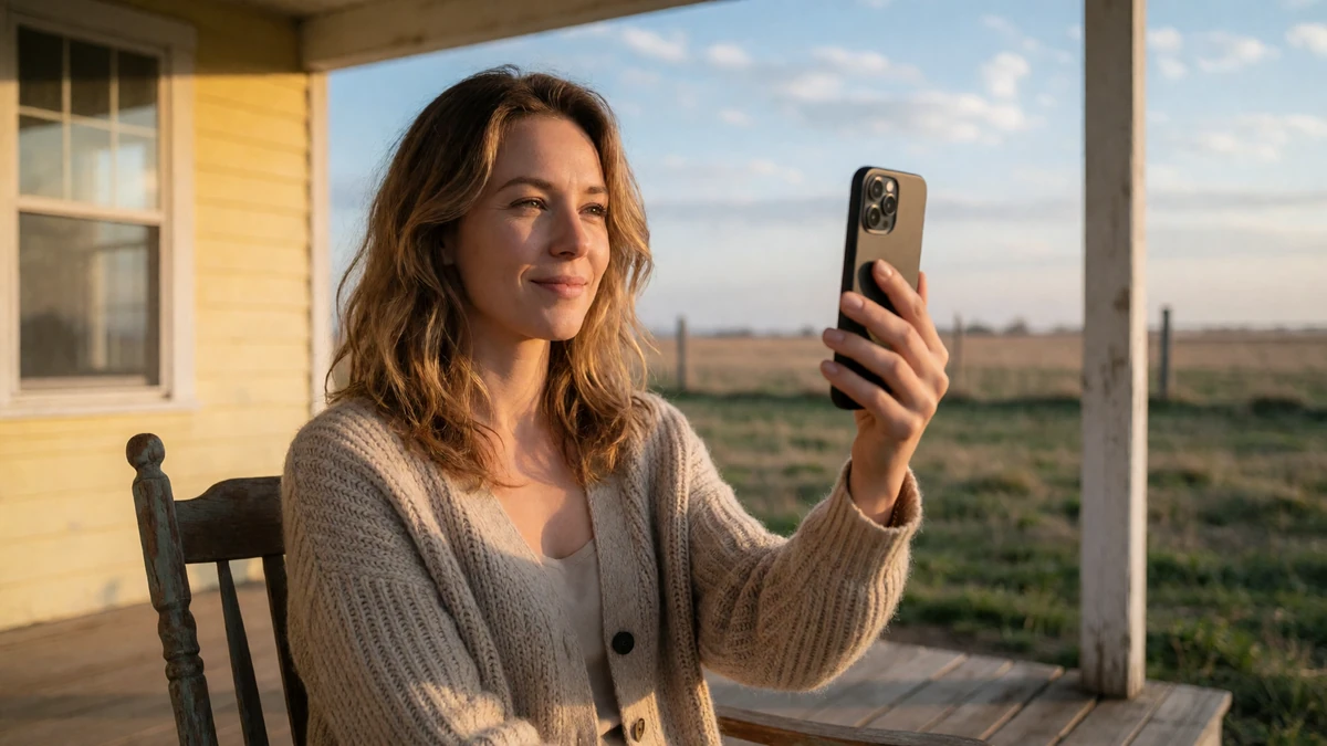 Woman in her 30s video-calling on her phone from a farmhouse porch overlooking empty fields at evening, illustrating long-distance rural dating
