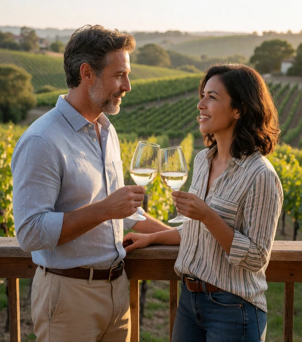 Adult couple clinking wine glasses on a balcony overlooking a vineyard during a premium country date