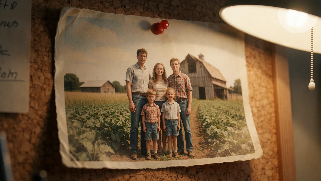 Old family farm photograph pinned to a cork board under warm desk light showing a barn and fields decades ago