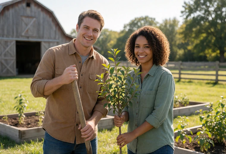 Adult man and woman planting a young tree in a Missouri farm yard as a symbol of long-term relationships