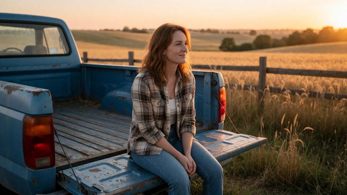 Woman in her 30s sitting on a pickup truck tailgate watching a golden sunset over farmland, illustrating country love and dating a farmer