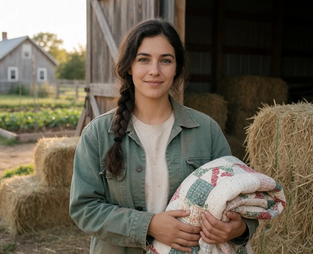 Adult woman farmer near a barn holding a folded quilt, representing family routines in life on a farm